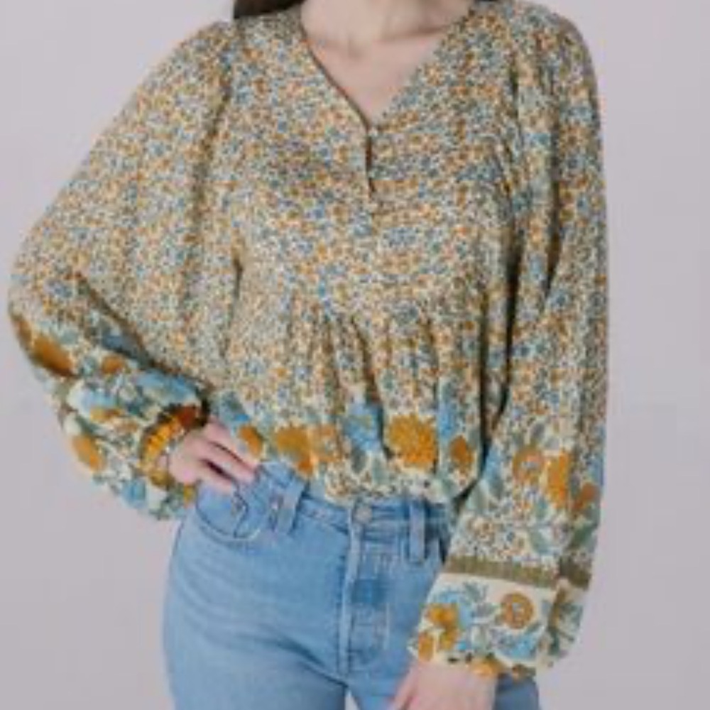 Solitaire Forest Fairy Floral Bishop Sleeve Pheasant Top Size M